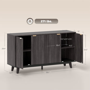 Fluted Sideboard Buffet Cabinet With 4 Doors, 2 Adjustable Shelves, 5 Wood Legs